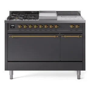 Ilve UP48FSQNMPMGGLP Nostalgie Ii 48 Inch Dual Fuel Liquid Propane Freestanding Range In Matte Graphite With Brass Trim Freestanding Ranges freestanding dual fuel range 30 inch