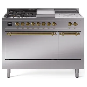 Ilve UP48FSQNMPSSG Ilve Nostalgie Ii 48 Up48Fsqnmpssg Freestanding Dual Fuel Range With 5 Sealed Burners And French Top Double Oven With Solid Door In Stainless Steel With Brass Knobs Freestanding Ranges freestanding dual fuel range 30 inch