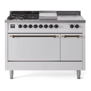 Ilve UP48FSQNMPWHB Nostalgie Ii 48 Inch Dual Fuel Natural Gas Freestanding Range In White With Bronze Trim Freestanding Ranges freestanding dual fuel range 30 inch