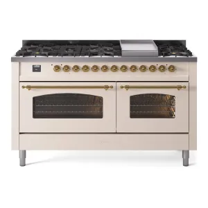 Ilve UP60FNMPAWG Nostalgie Ii 60 Inch Dual Fuel Natural Gas Freestanding Range In Antique White With Brass Trim Freestanding Ranges freestanding dual fuel range 30 inch