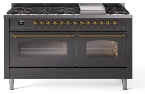 Ilve UP60FNMPMGG Nostalgie Ii 60 Inch Dual Fuel Natural Gas Freestanding Range In Matte Graphite With Brass Trim Freestanding Ranges freestanding dual fuel range 30 inch