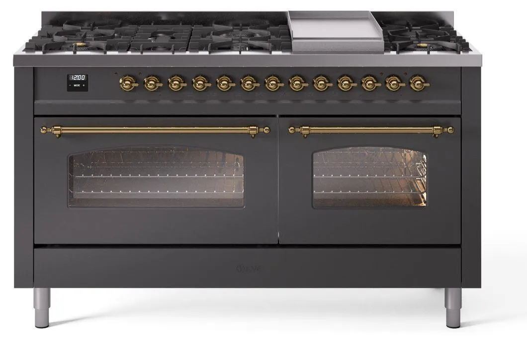 Ilve UP60FNMPMGG Nostalgie Ii 60 Inch Dual Fuel Natural Gas Freestanding Range In Matte Graphite With Brass Trim Freestanding Ranges freestanding dual fuel range 30 inch