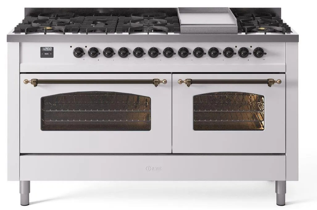 Ilve UP60FNMPWHBLP Nostalgie Ii 60 Inch Dual Fuel Liquid Propane Freestanding Range In White With Bronze Trim Freestanding Ranges freestanding dual fuel range 30 inch
