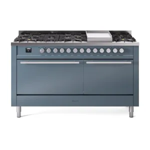 Ilve UP60FQMPBGLP Ilve Professional Plus Ii 60 Up60Fqmpbg Freestanding Dual Fuel Range With 9 Sealed Burners Double Oven With Solid Door In Blue Grey With Stainless Steel Knobs Freestanding Ranges freestanding dual fuel range 30 inch