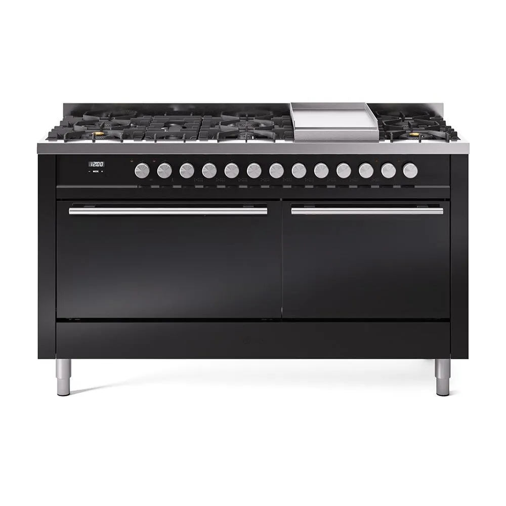 Ilve UP60FQMPBK Ilve Professional Plus Ii 60 Up60Fqmpbk Freestanding Dual Fuel Range With 9 Sealed Burners Double Oven With Solid Door In Glossy Black With Stainless Steel Knobs Freestanding Ranges freestanding dual fuel range 30 inch