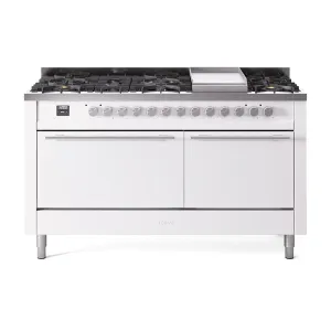 Ilve UP60FQMPWHLP Ilve Professional Plus Ii 60 Up60Fqmpwh Freestanding Dual Fuel Range With 9 Sealed Burners Double Oven With Solid Door In White With Stainless Steel Knobs Freestanding Ranges freestanding dual fuel range 30 inch