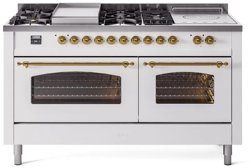 Ilve UP60FSNMPWHGLP Nostalgie Ii 60 Inch Dual Fuel Liquid Propane Freestanding Range In White With Brass Trim Freestanding Ranges freestanding dual fuel range 30 inch