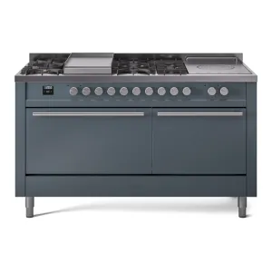 Ilve UP60FSQMPBGLP Professional Plus Ii 60 Inch Dual Fuel Liquid Propane Freestanding Range In Blue Grey With Trim Professional Ranges dual fuel professional range 36 inch