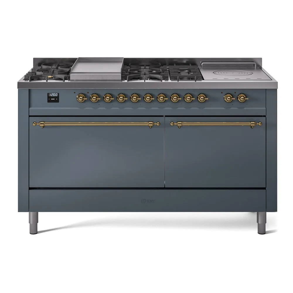 Ilve UP60FSQNMPBGG Nostalgie Ii 60 Inch Dual Fuel Natural Gas Freestanding Range In Blue Grey With Brass Trim Freestanding Ranges freestanding dual fuel range 30 inch