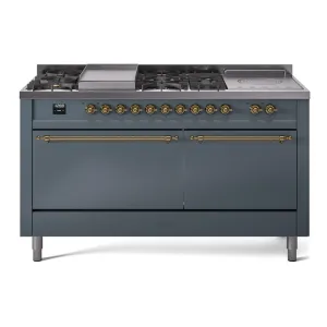 Ilve UP60FSQNMPBGGLP Nostalgie Ii 60 Inch Dual Fuel Liquid Propane Freestanding Range In Blue Grey With Brass Trim Freestanding Ranges freestanding dual fuel range 30 inch
