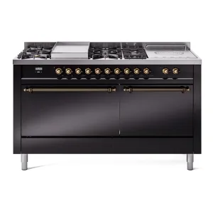 Ilve UP60FSQNMPBKBLP Nostalgie Ii 60 Inch Dual Fuel Liquid Propane Freestanding Range In Glossy Black With Bronze Trim Freestanding Ranges freestanding dual fuel range 30 inch