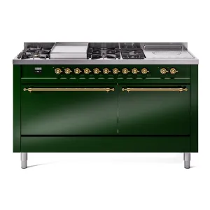 Ilve UP60FSQNMPEGGLP Nostalgie Ii 60 Inch Dual Fuel Liquid Propane Freestanding Range In Emerald Green With Brass Trim Freestanding Ranges freestanding dual fuel range 30 inch