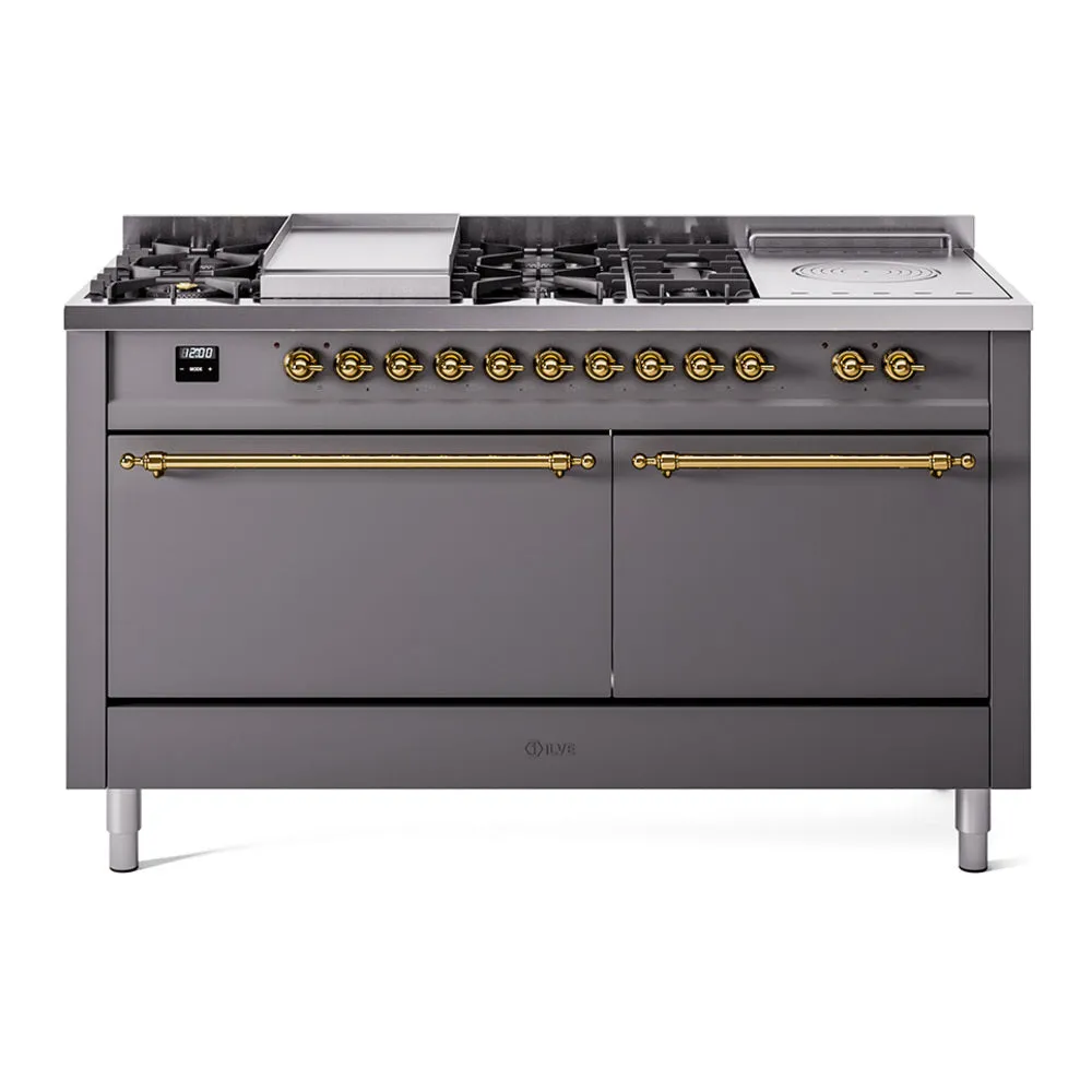 Ilve UP60FSQNMPMGG Nostalgie Ii 60 Inch Dual Fuel Natural Gas Freestanding Range In Matte Graphite With Brass Trim Freestanding Ranges freestanding dual fuel range 30 inch