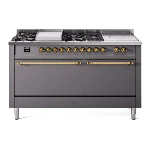 Ilve UP60FSQNMPMGG Nostalgie Ii 60 Inch Dual Fuel Natural Gas Freestanding Range In Matte Graphite With Brass Trim Freestanding Ranges freestanding dual fuel range 30 inch