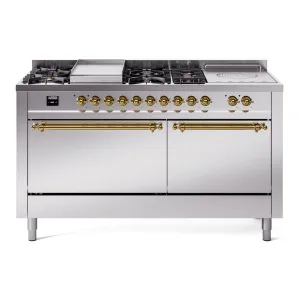 Ilve UP60FSQNMPSSG Nostalgie Ii 60 Inch Dual Fuel Natural Gas Freestanding Range In Stainless Steel With Brass Trim Freestanding Ranges freestanding dual fuel range 30 inch
