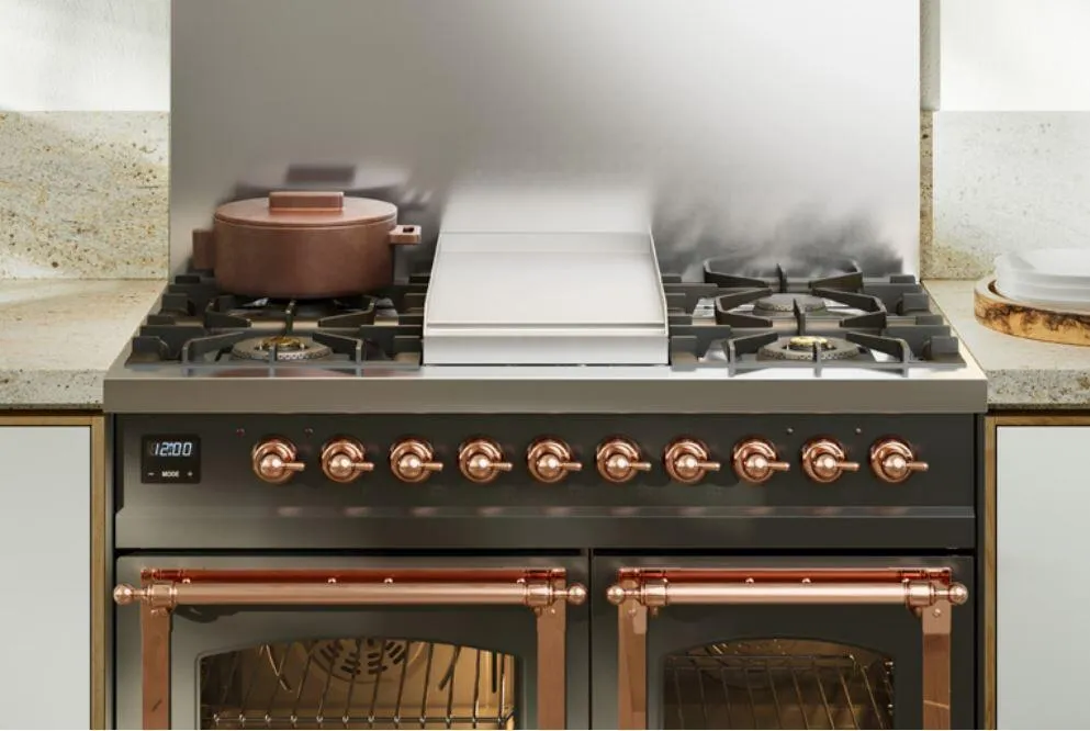 Ilve UPD40FNMPAWGLP Nostalgie Ii 40 Inch Dual Fuel Liquid Propane Freestanding Range In Antique White With Brass Trim