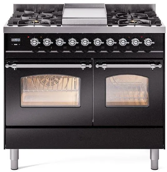 Ilve UPD40FNMPBKC Nostalgie Ii 40 Inch Dual Fuel Natural Gas Freestanding Range In Glossy Black With Chrome Trim Freestanding Ranges freestanding dual fuel range 30 inch