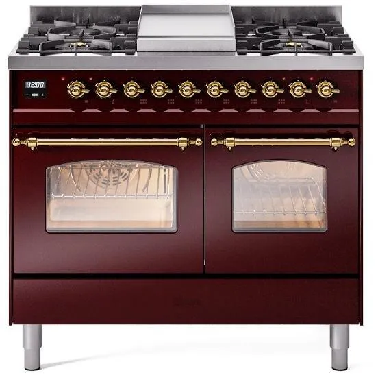 Ilve UPD40FNMPBUG Nostalgie Ii 40 Inch Dual Fuel Natural Gas Freestanding Range In Burgundy With Brass Trim Freestanding Ranges freestanding dual fuel range 30 inch