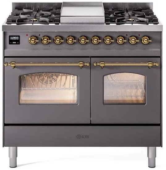 Ilve UPD40FNMPMGG Nostalgie Ii 40 Inch Dual Fuel Natural Gas Freestanding Range In Matte Graphite With Brass Trim Freestanding Ranges freestanding dual fuel range 30 inch