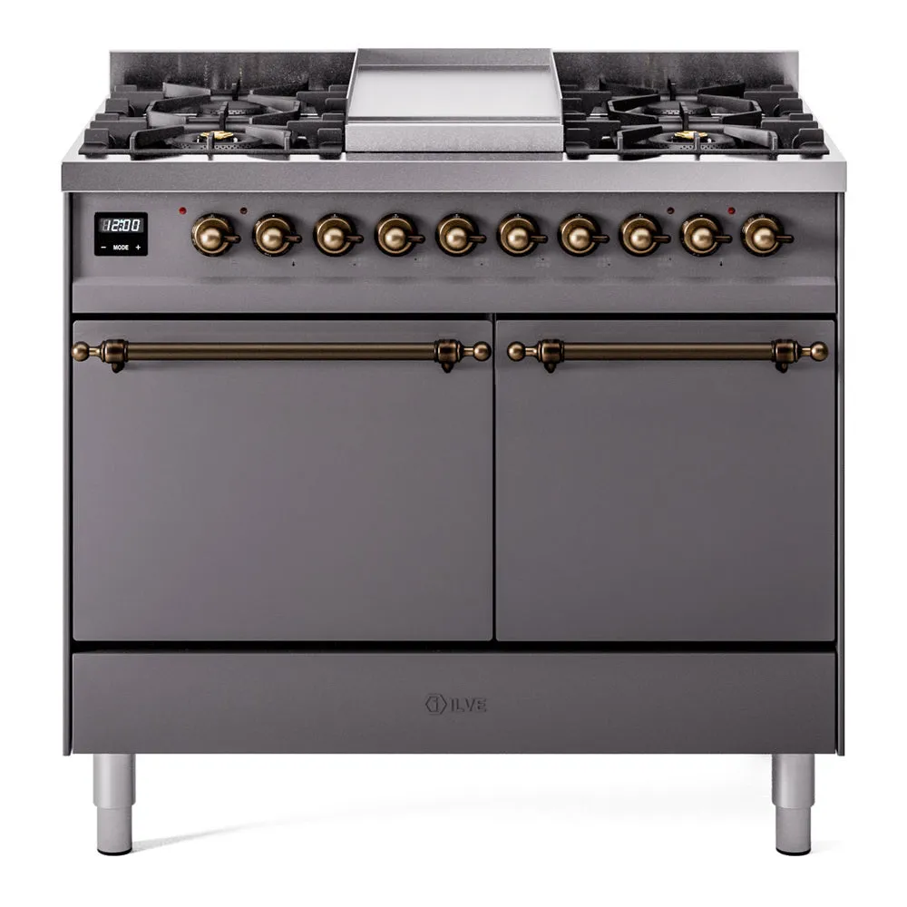 Ilve UPD40FQNMPMGB Nostalgie Ii 40 Inch Dual Fuel Natural Gas Freestanding Range In Matte Graphite With Bronze Trim Freestanding Ranges freestanding dual fuel range 30 inch