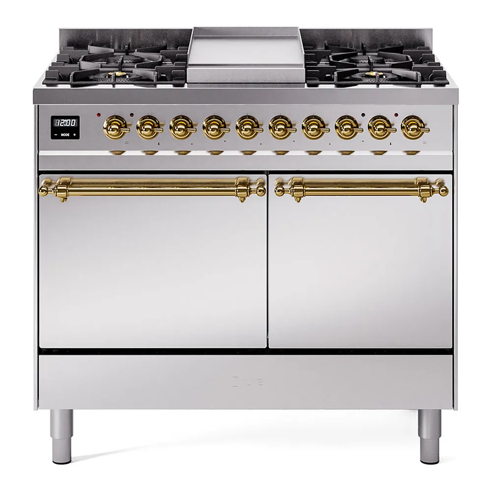 Ilve UPD40FQNMPSSG Nostalgie Ii 40 Inch Dual Fuel Natural Gas Freestanding Range In Stainless Steel With Brass Trim Freestanding Ranges freestanding dual fuel range 30 inch
