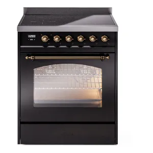 Ilve UPI304QNMPBKB Nostalgie Ii 30 Inch Electric Freestanding Range In Glossy Black With Bronze Trim Freestanding Ranges freestanding dual fuel range 30 inch