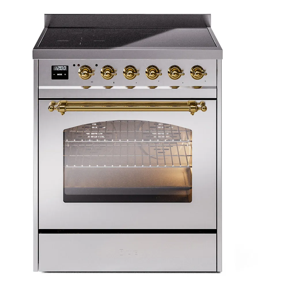 Ilve UPI304QNMPSSG Nostalgie Ii 30 Inch Electric Freestanding Range In Stainless Steel With Brass Trim Freestanding Ranges freestanding dual fuel range 30 inch