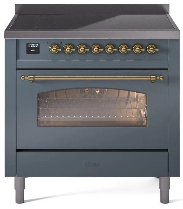 Ilve UPI366NMPBGG Nostalgie Ii 36 Inch Electric Freestanding Range In Blue Grey With Brass Trim Freestanding Ranges freestanding dual fuel range 30 inch