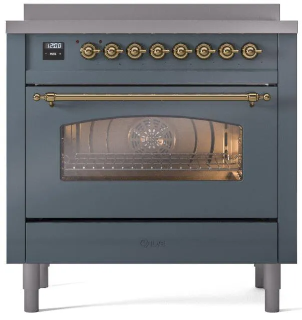 Ilve UPI366NMPBGG Nostalgie Ii 36 Inch Electric Freestanding Range In Blue Grey With Brass Trim