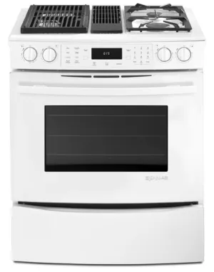 Jennair JDS9860CDW White Jenn-Air Slide-In Modular Dual-Fuel Downdraft Range With Convection, 30" Slide In Ranges front control slide-in stove