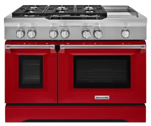 Kitchenaid KDRS483VSD 48'' 6-Burner With Griddle, Dual Fuel Freestanding Range, Commercial-Style Signature Red Professional Ranges dual fuel professional range 36 inch