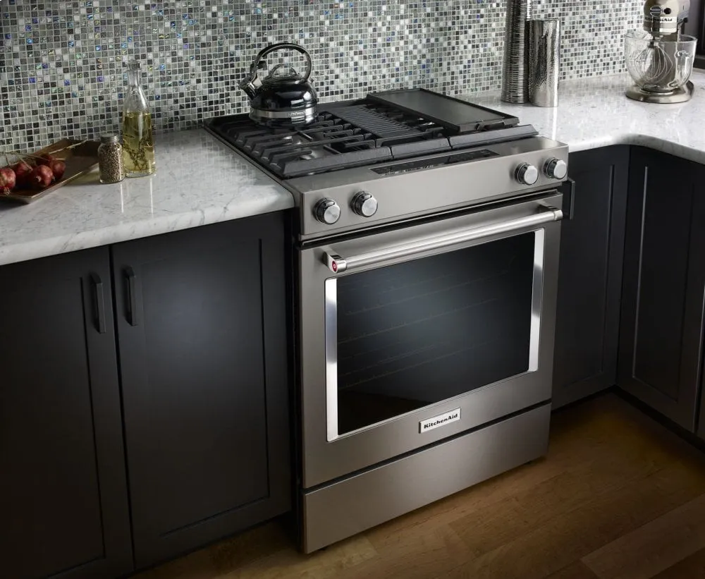Kitchenaid KSDG950ESS 30-Inch 4-Burner Dual Fuel Downdraft Slide-In Range - Stainless Steel
