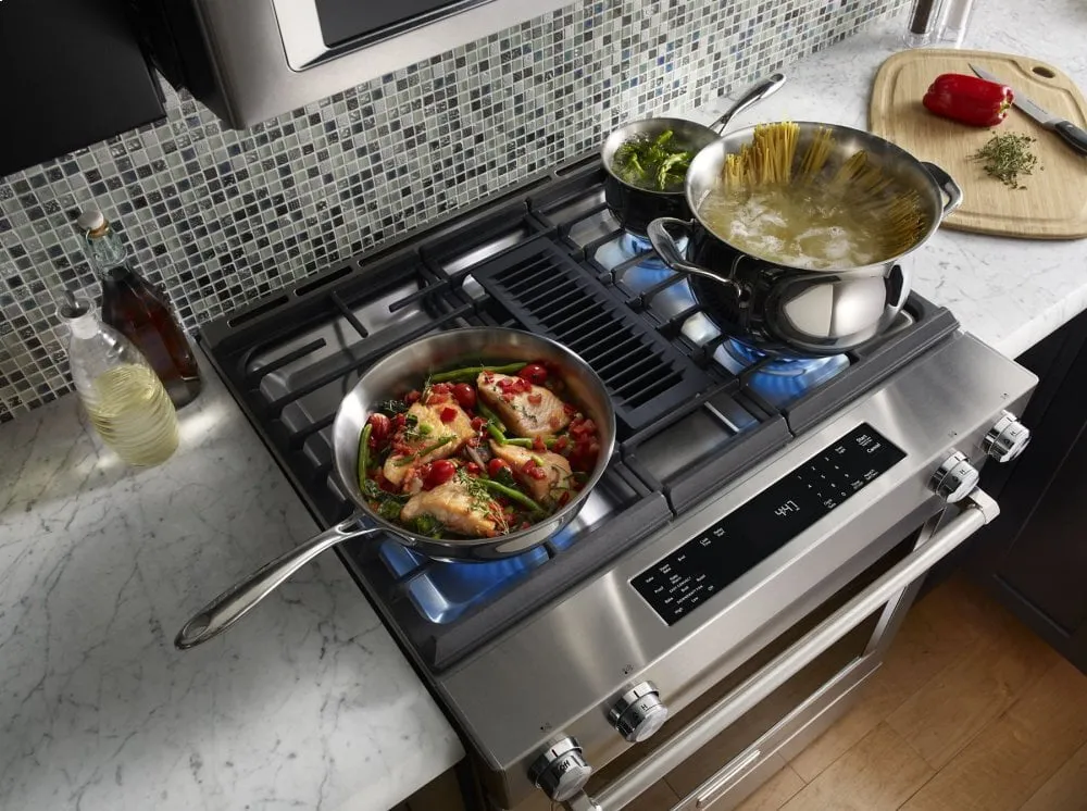 Kitchenaid KSDG950ESS 30-Inch 4-Burner Dual Fuel Downdraft Slide-In Range - Stainless Steel