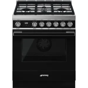 Smeg CPF30UGMBL Portofino Pro-Style Dual Fuel Range, Black, 30" X 25" Professional Ranges commercial oven for home kitchen