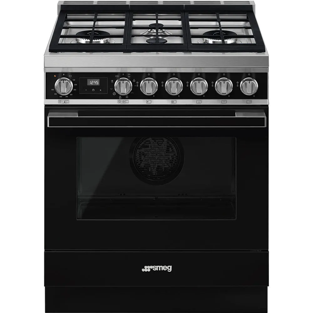 Smeg CPF30UGMBL Portofino Pro-Style Dual Fuel Range, Black, 30" X 25" Professional Ranges commercial oven for home kitchen