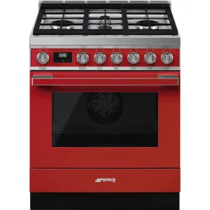 Smeg CPF30UGMR Portofino Pro-Style Dual Fuel Range, Red, 30" X 25" Professional Ranges commercial oven for home kitchen