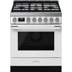 Smeg CPF30UGMWH Portofino Pro-Style Dual Fuel Range, White, 30" X 25" Professional Ranges commercial oven for home kitchen