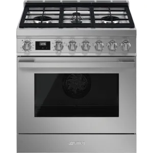 Smeg CPF30UGMX Portofino Pro-Style Dual Fuel Range, Gray, 30" X 25" Professional Ranges commercial oven for home kitchen