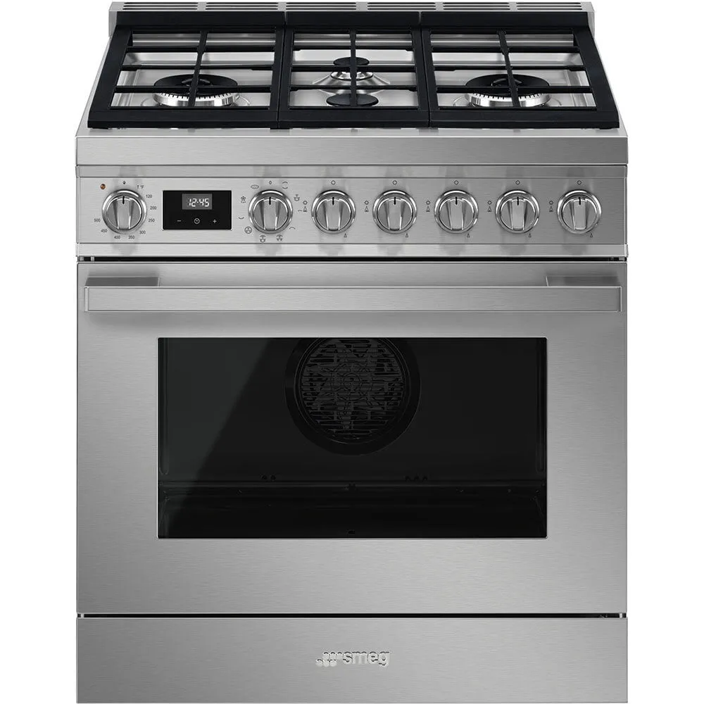 Smeg CPF30UGMX Portofino Pro-Style Dual Fuel Range, Gray, 30" X 25" Professional Ranges commercial oven for home kitchen