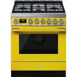 Smeg CPF30UGMYW Portofino Pro-Style Dual Fuel Range, Yellow, 30" X 25" Professional Ranges commercial oven for home kitchen