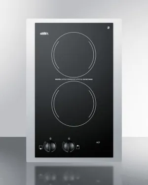Summit CR2220TK15 230V European Two-Burner Radiant Cooktop In Black Glass With Stainless Steel Frame To Allow Installation In 15" Wide Counter Cutouts Electric electric stove with convection oven