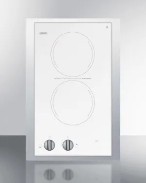 Summit CR2220WHTK15 230V European Two-Burner Radiant Cooktop In White Glass With Stainless Steel Frame To Allow Installation In 15" Wide Counter Cutouts Electric electric stove with convection oven