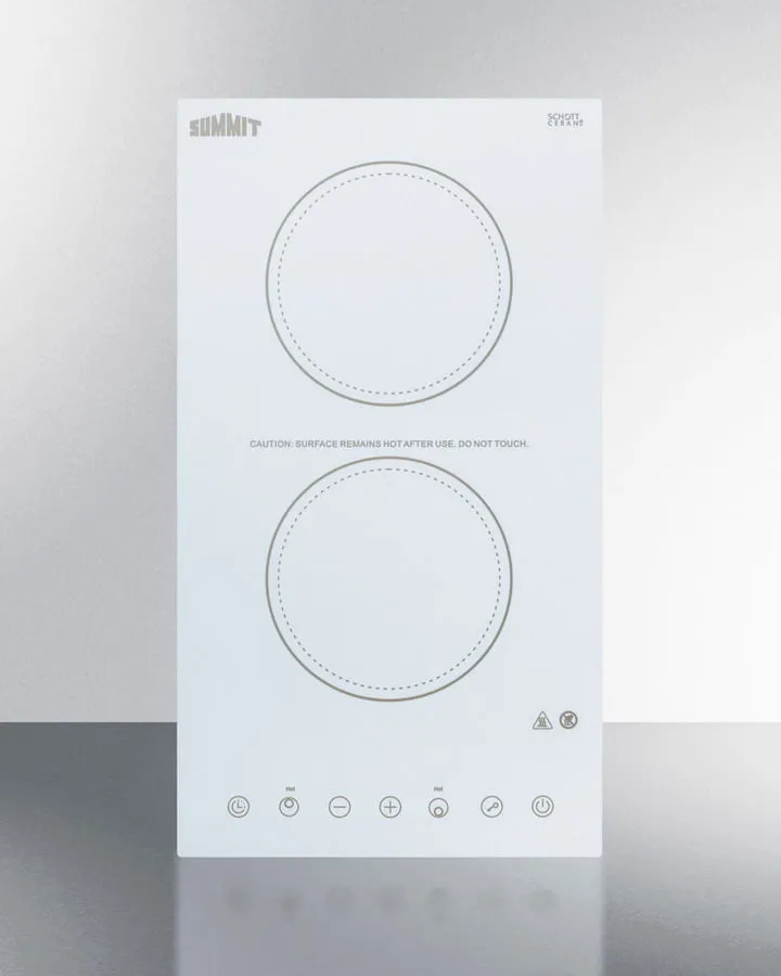 Summit CR2B15T2W 115V 2-Burner Cooktop In White Ceramic Schott Glass With Digital Touch Controls, 2400W Electric electric stove with convection oven