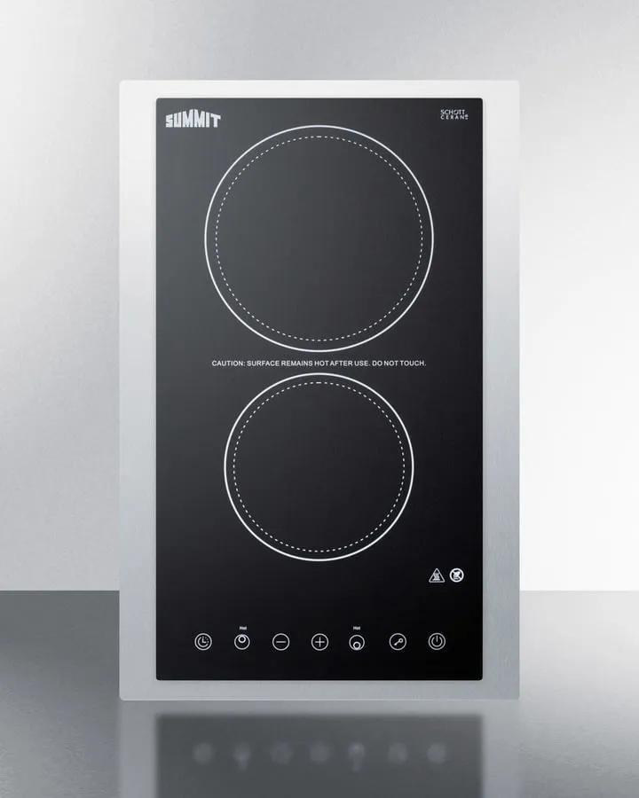 Summit CR2B23T3BTK15 230V 2-Burner Cooktop In Black Ceramic Schott Glass With Digital Touch Controls And Stainless Steel Frame To Allow Installation In 15" Wide Counter Cutouts, 3000W Electric electric stove with convection oven