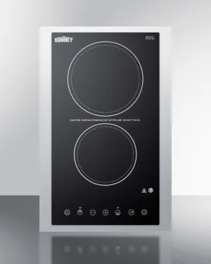 Summit CR2B23T3BTK15 230V 2-Burner Cooktop In Black Ceramic Schott Glass With Digital Touch Controls And Stainless Steel Frame To Allow Installation In 15" Wide Counter Cutouts, 3000W Electric electric stove with convection oven