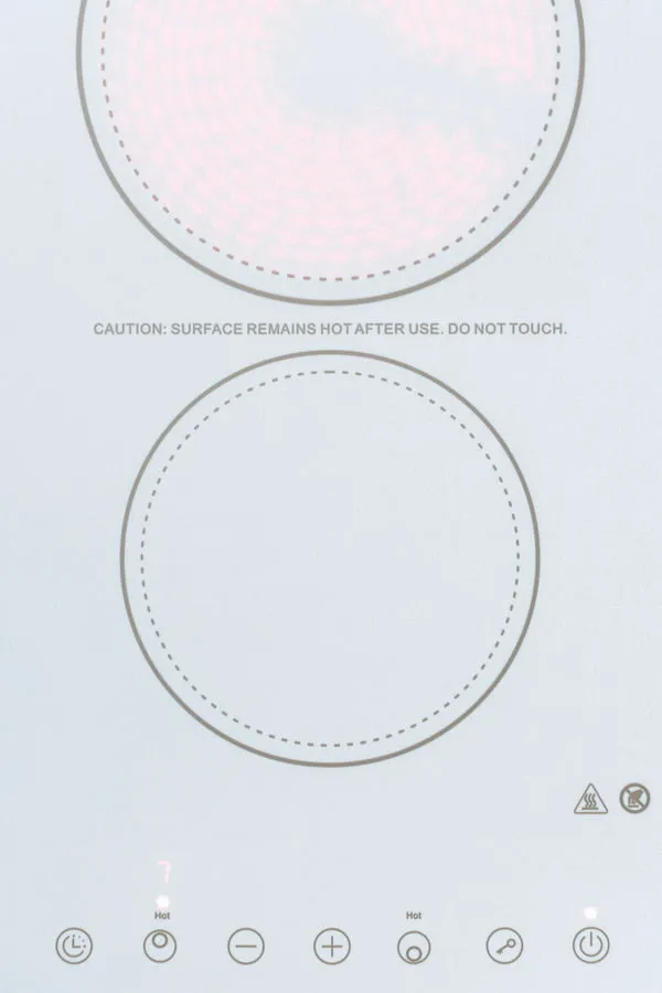 Summit CR2B23T4W 230V 2-Burner Cooktop In White Ceramic Schott Glass With Digital Touch Controls, 3000W