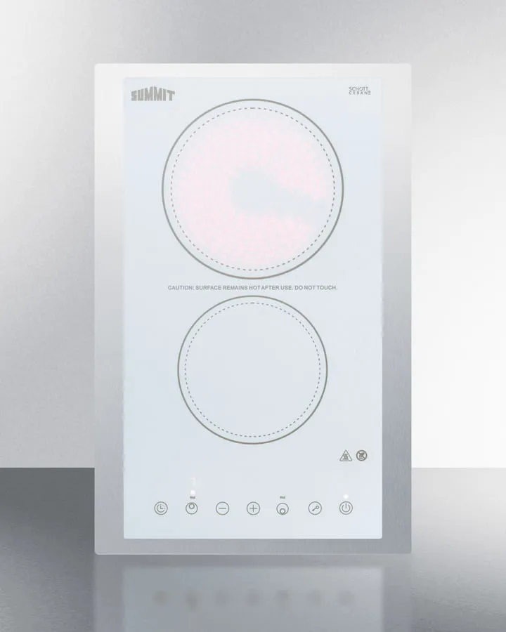 Summit CR2B23T4WTK15 230V 2-Burner Cooktop In White Ceramic Schott Glass With Digital Touch Controls And Stainless Steel Frame To Allow Installation In 15" Counter Cutouts, 3000W
